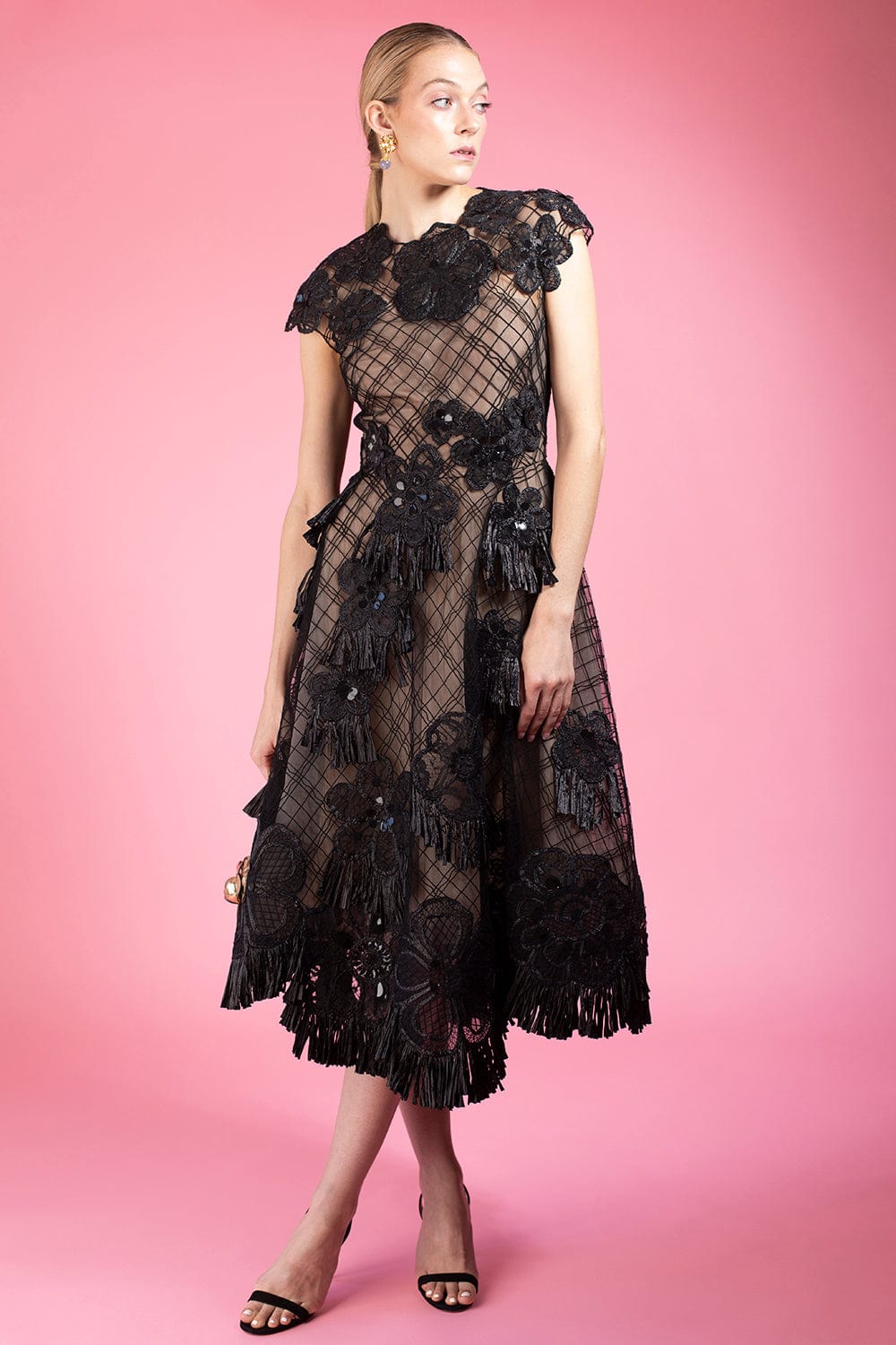 OSCAR DE LA RENTA-Cap Sleeve Raffia Floral Midi Dress-BLACK