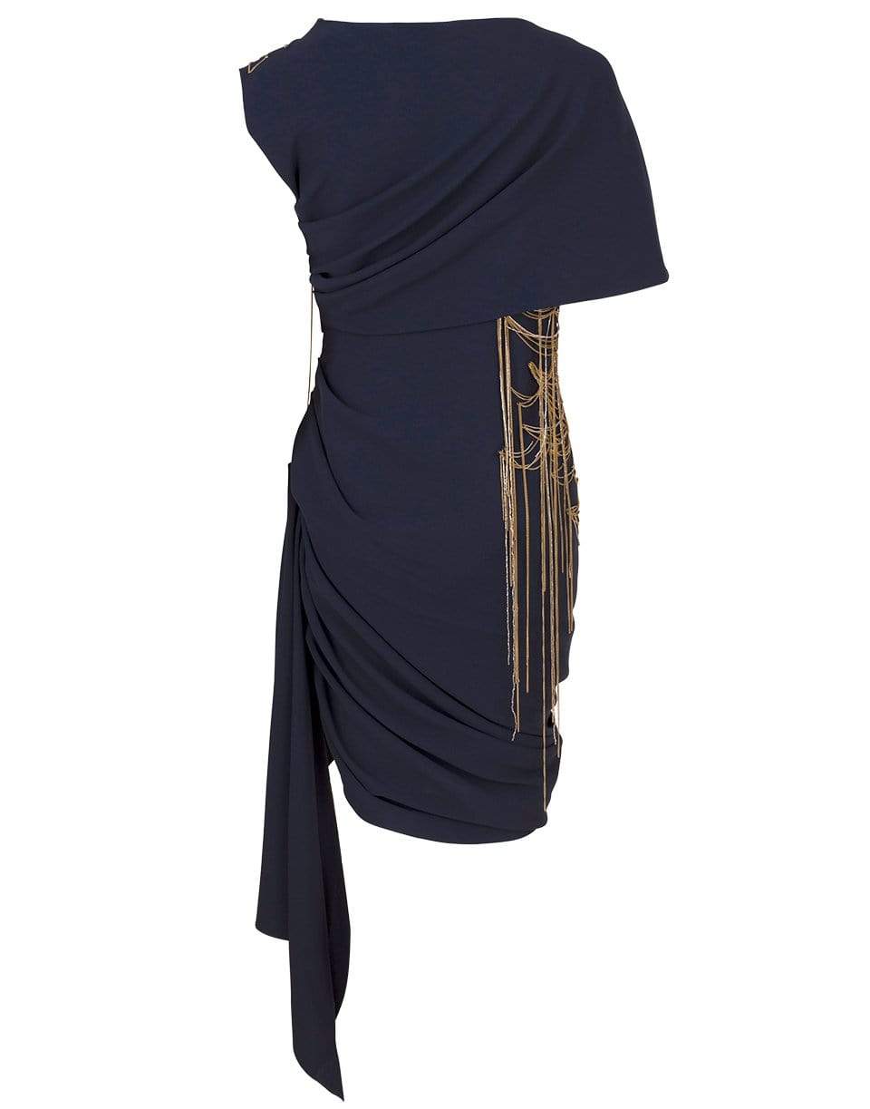 OSCAR DE LA RENTA-Chain Embellished Draped Mini Dress-NAVY