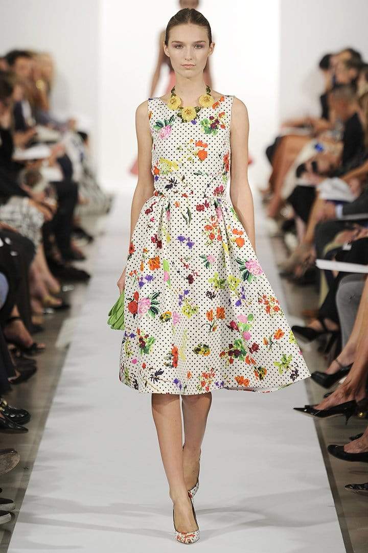 OSCAR DE LA RENTA-Jewel Neck Print Dress With Pleat Skirt-