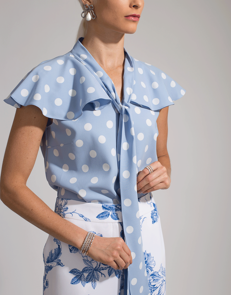 OSCAR DE LA RENTA-Flutter Sleeve Tie Neck Polka Dot Blouse-