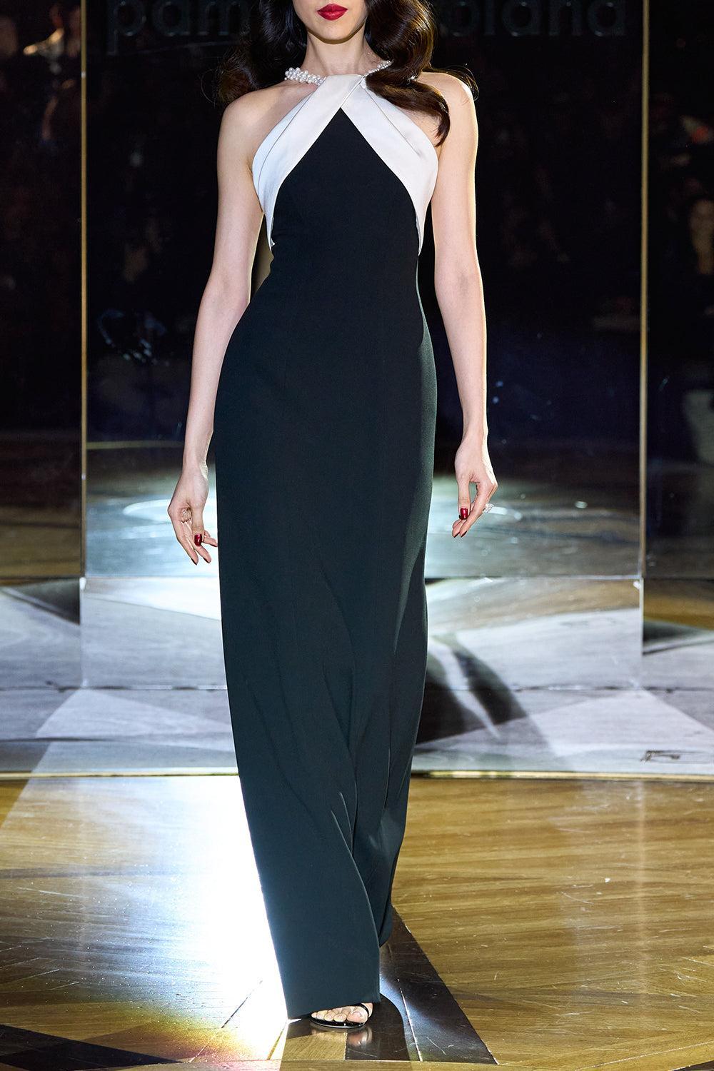 Beaded Strap Gown-BLACK/WHITE-2-CLOTHINGDRESSGOWN-PAMELLA ROLAND