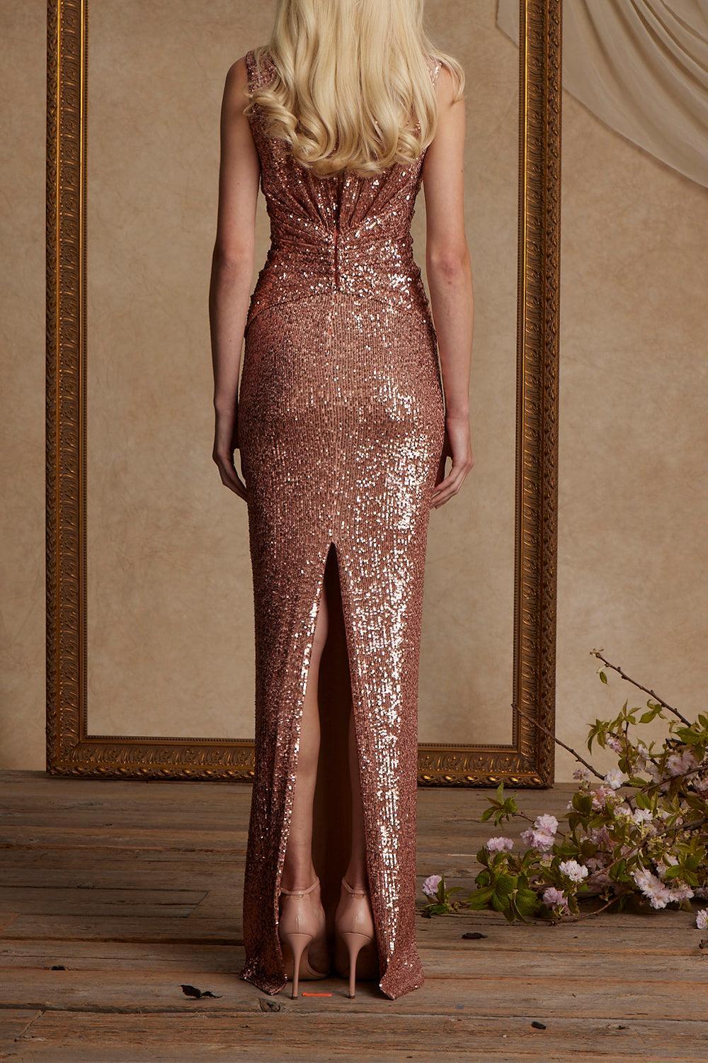 Sleeveless Deep V Gown-ROSE GLD-2-CLOTHINGDRESSGOWN-PAMELLA ROLAND