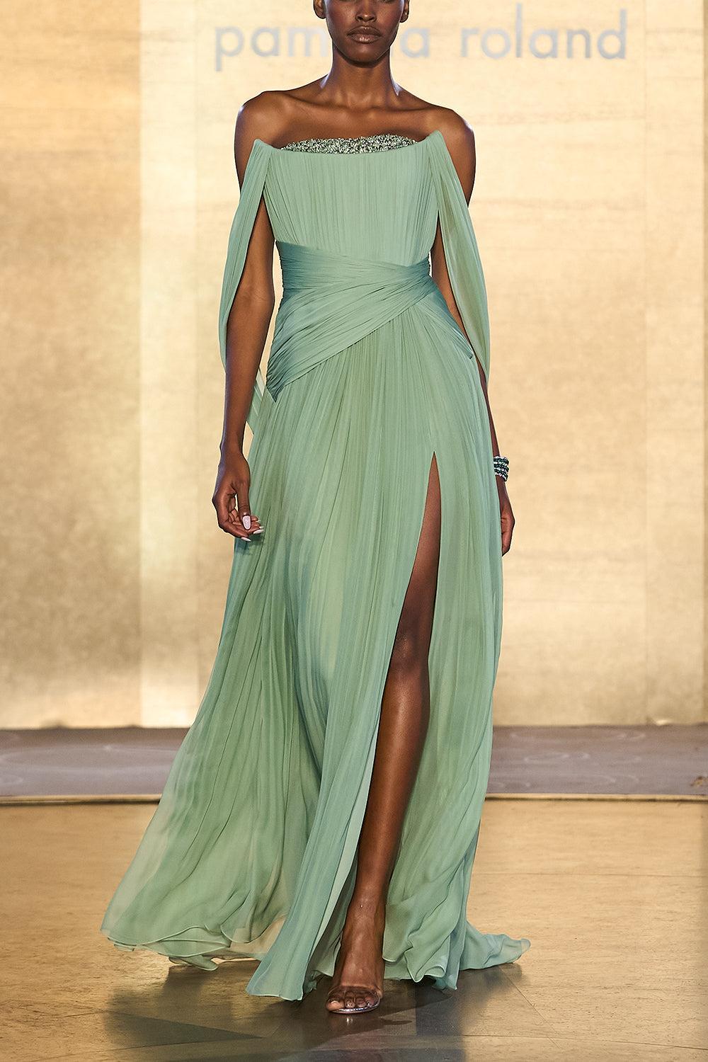 pamella roland green dress STRAPLESS HIGH SLIT GOWN