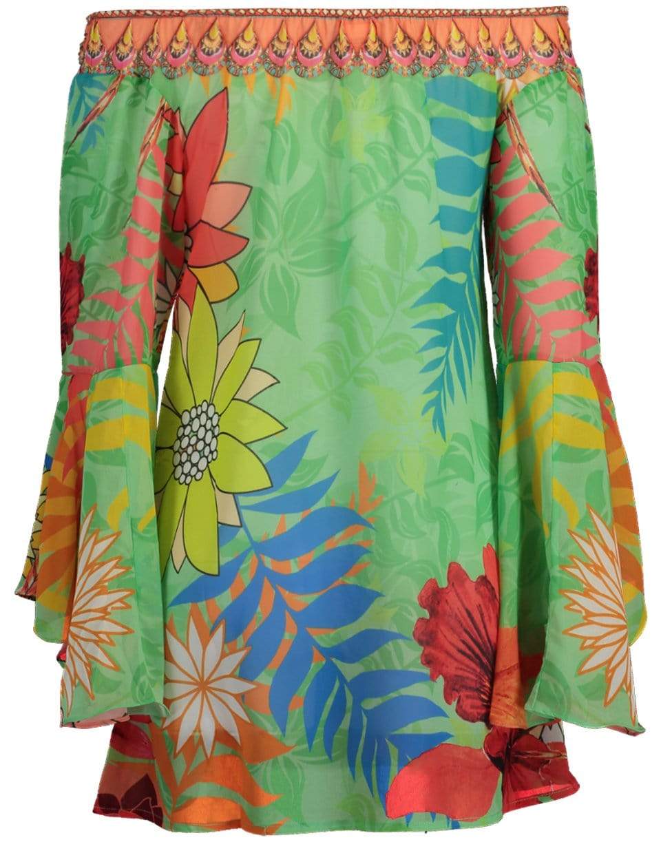 RANEES-Green Off Shoulder Flare Sleeve Print Top-