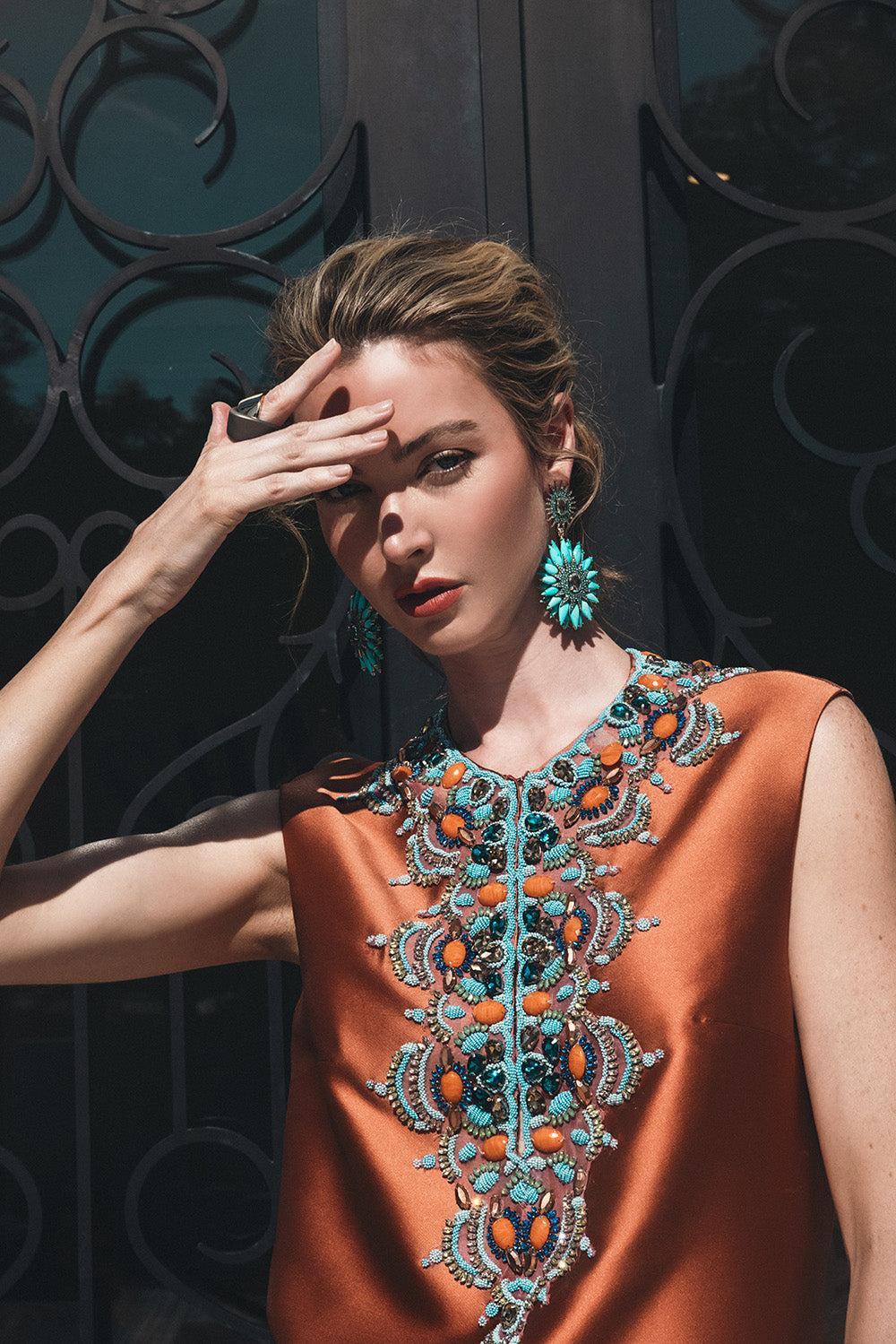 Embellished Neck Kaftan-COPPER-S-CLOTHINGDRESSGOWN-REEM ACRA