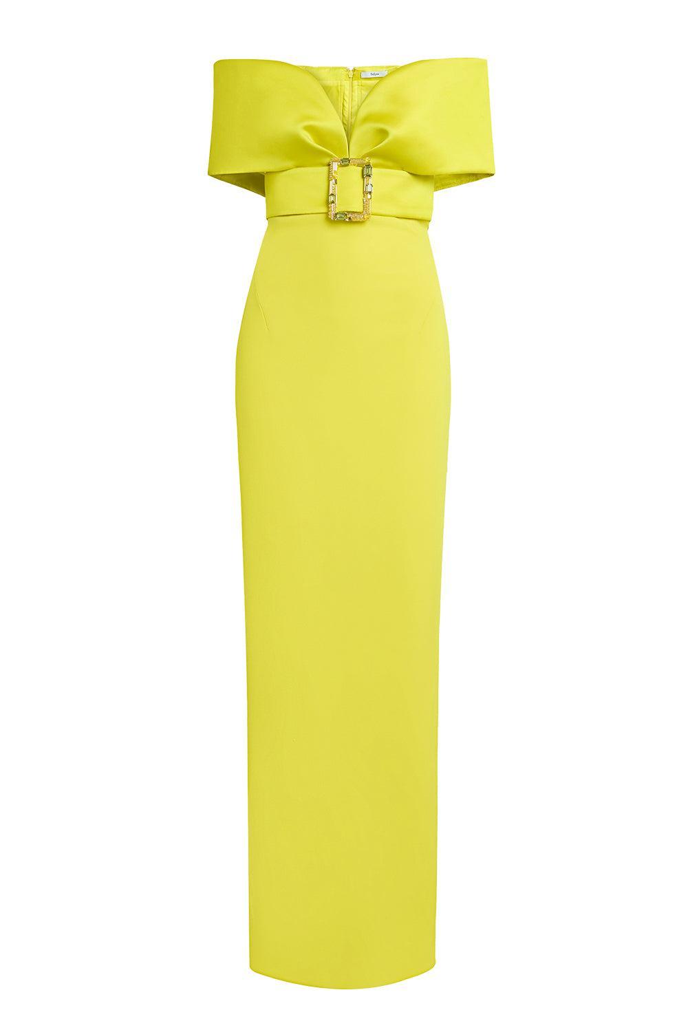 Safiyaa Women's Abike Crystal Buckle Duchess Crepe Off-Shoulder Gown in Chartreuse With Multi-Chartreuse Green Size FR 40 / 8 Safiyaa Women's Abike Crystal Buckle Duchess Crepe Off-Shoulder Gown in Chartreuse With Multi-Chartreuse Green Size FR 40 / 8