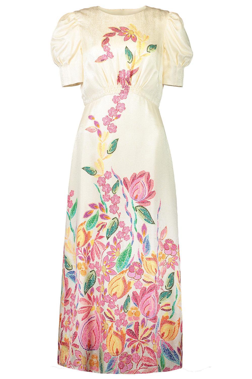 saloni bianca floral-print silk dress Saloni Bianca Floral Silk-Jacquard Midi Dress In Cream - 50% Off