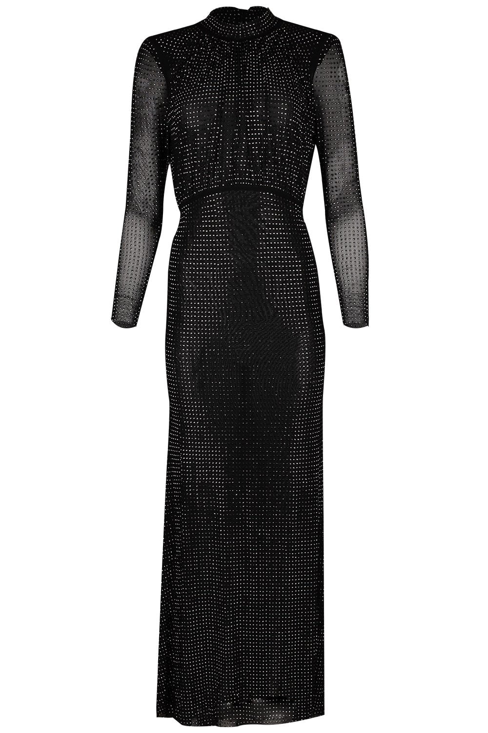 Black Rhinestone Mesh Long Sleeve Maxi Dress