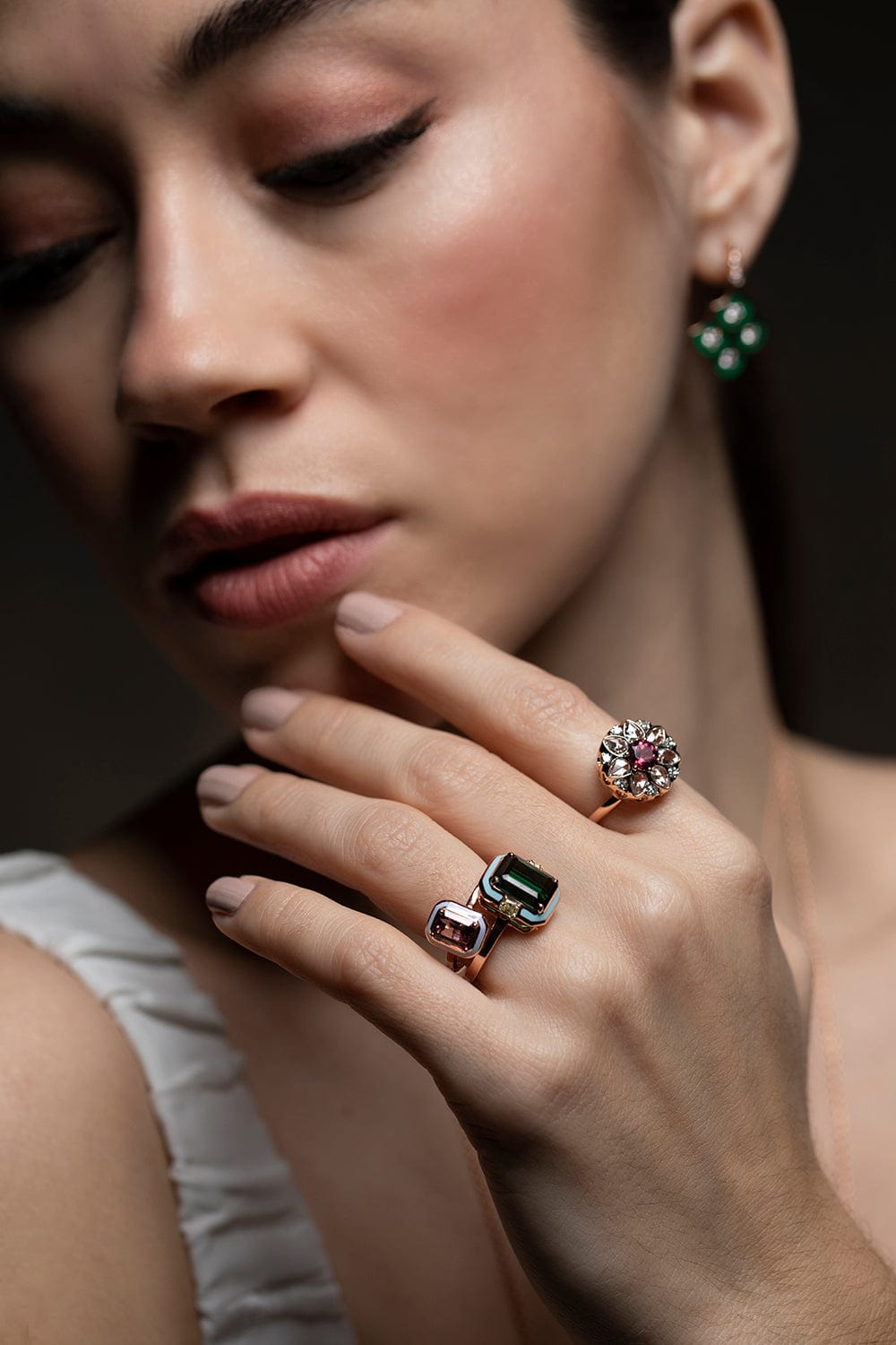 SELIM MOUZANNAR-Light Blue Enamel Green Tourmaline Ring-ROSE GOLD