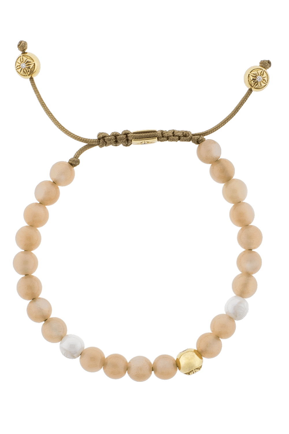 SHAMBALLA JEWELS-Peach Moonstone And White Ceramic Beaded Bracelet-YELLOW GOLD