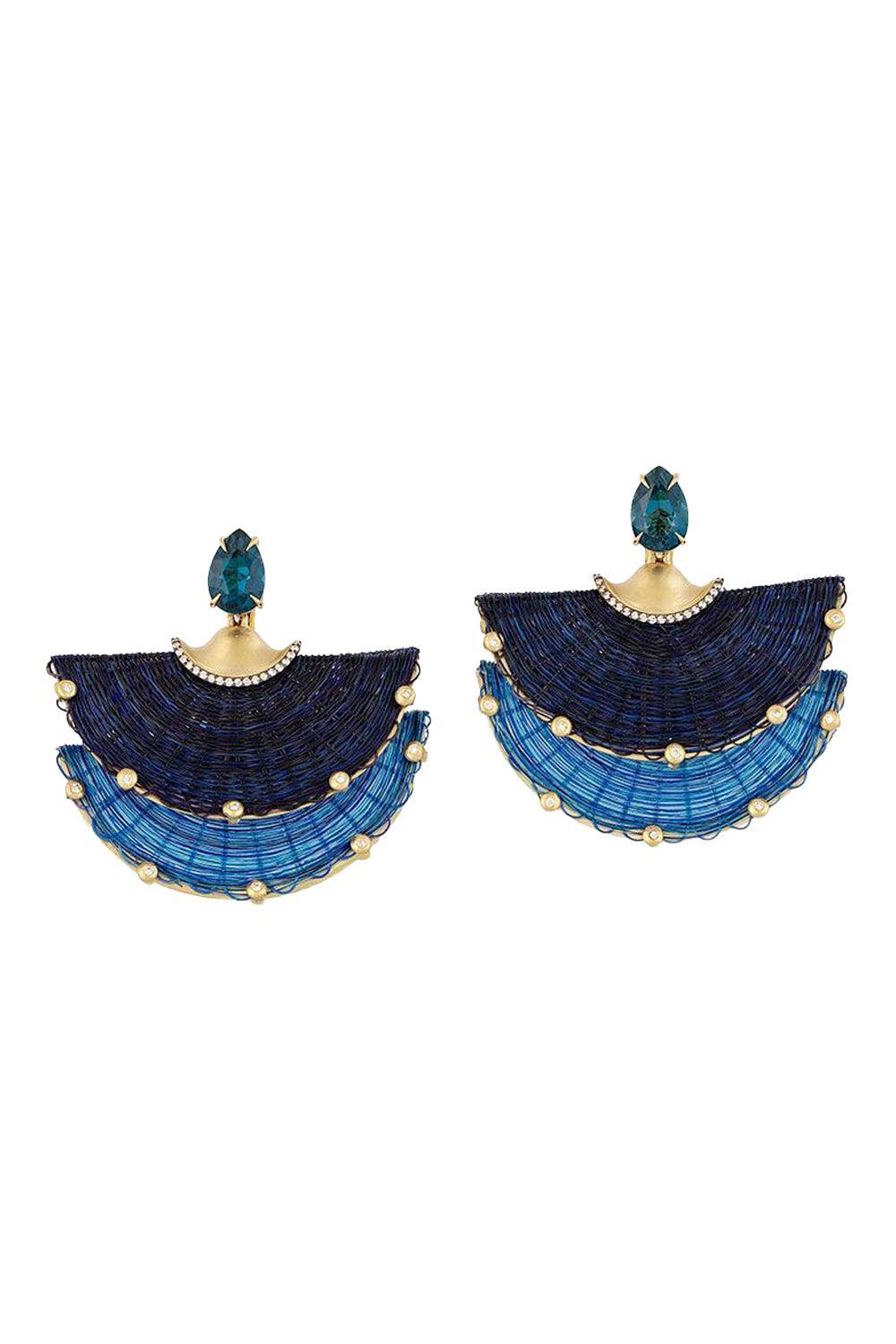 Diamond Topaz Blue Horse Mane Double Fan Earrings-YELLOW GOLD-JEWELRYFINE JEWELEARRING-SILVIA FURMANOVICH