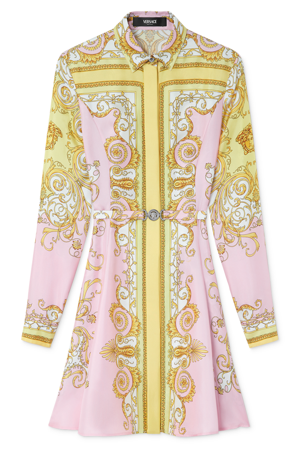 Versace Printed Silk Twill Mini Shirt Dress, Female, Yellow+pink, 44