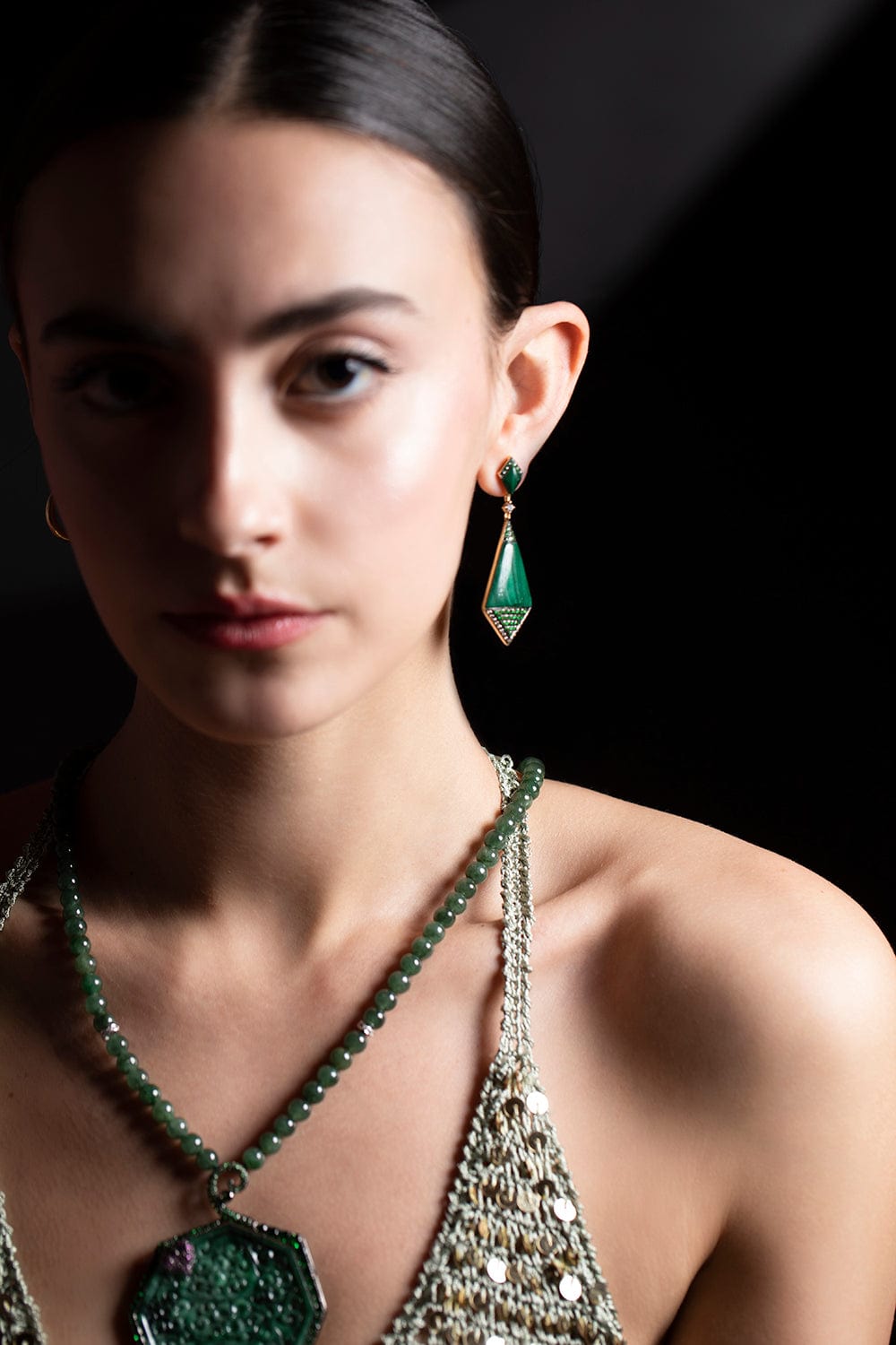 WENDY YUE-Malachite Shield Earrings-YELLOW GOLD