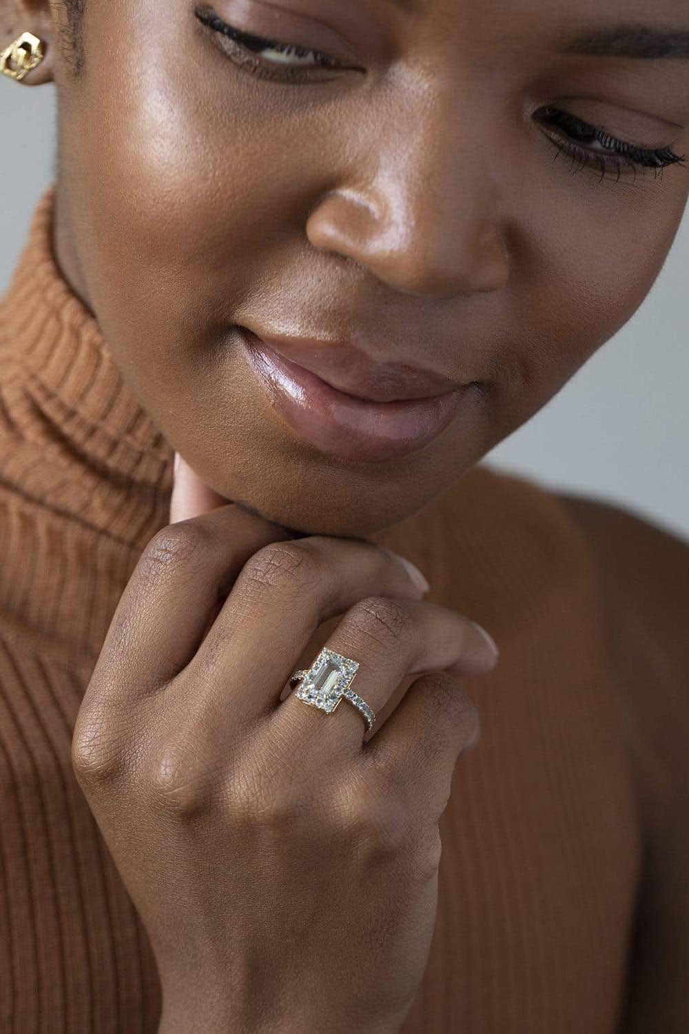 YI COLLECTION-Aquamarine Tonal Deco Ring-YELLOW GOLD