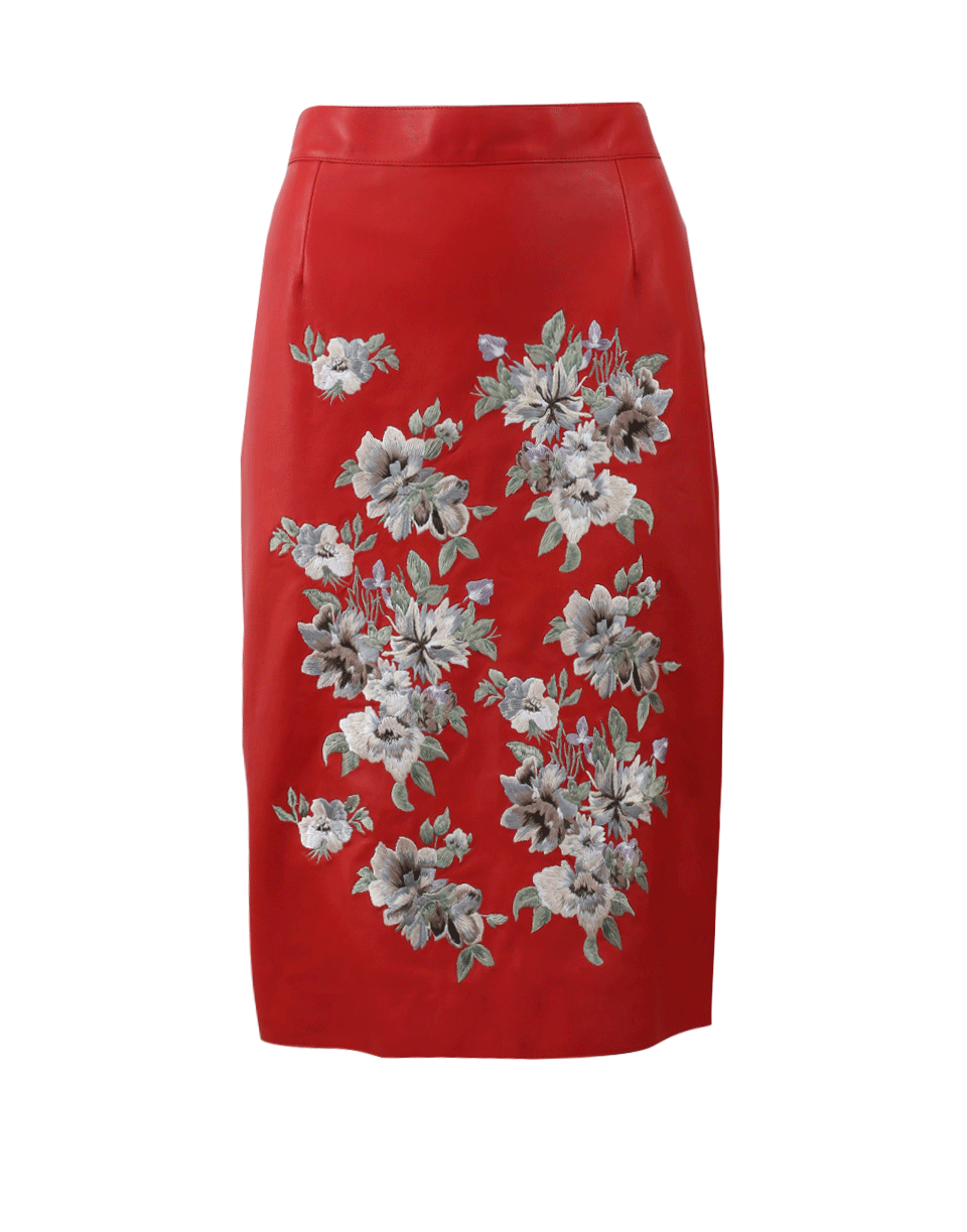 ALEXANDER MCQUEEN-Floral Embroidered Leather Skirt-RED