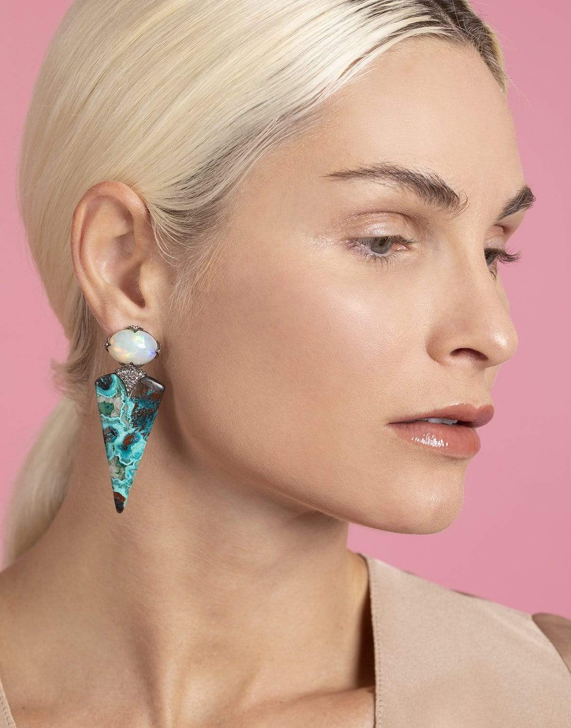 ARUNASHI-Opal and Crysocolia Malachite Earrings-BLKGOLD