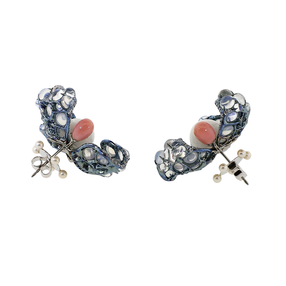 ARUNASHI-Clam Pearl And Blue Moonstone Flower Earrings-TITANIUM