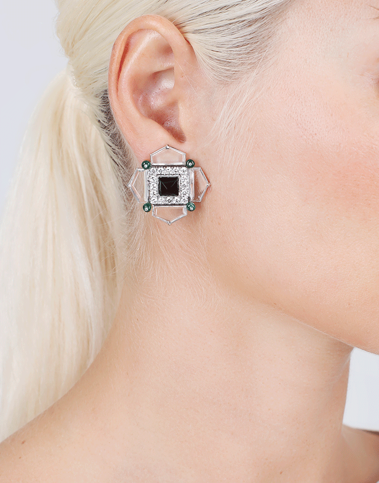 ARUNASHI-Onyx Emerald And Diamond Earrings-WHITE GOLD