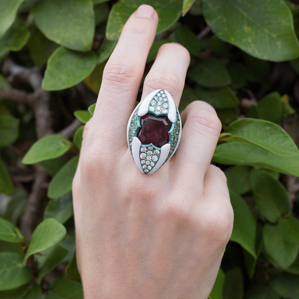 ARUNASHI-Rhodolite And Demantoid Garnet Ring-TITANIUM