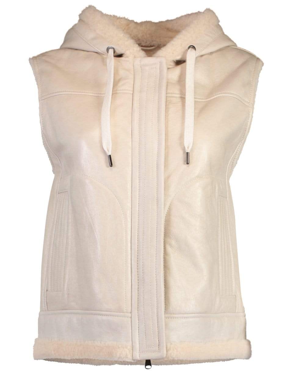 BRUNELLO CUCINELLI-Shearling and Leather Hooded Zip Up Vest-PANAMA