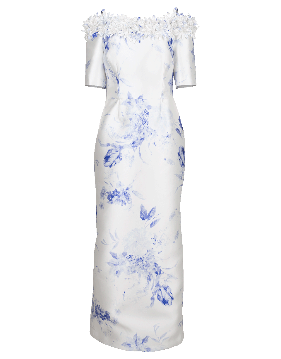 CATHERINE REGEHR-Off Shoulder Daisy Floral Gown-BLUE/WHT