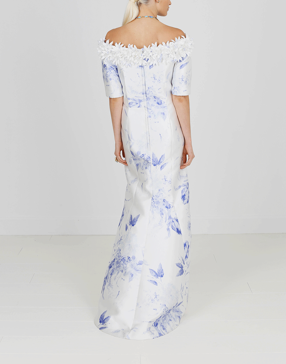 CATHERINE REGEHR-Off Shoulder Daisy Floral Gown-BLUE/WHT