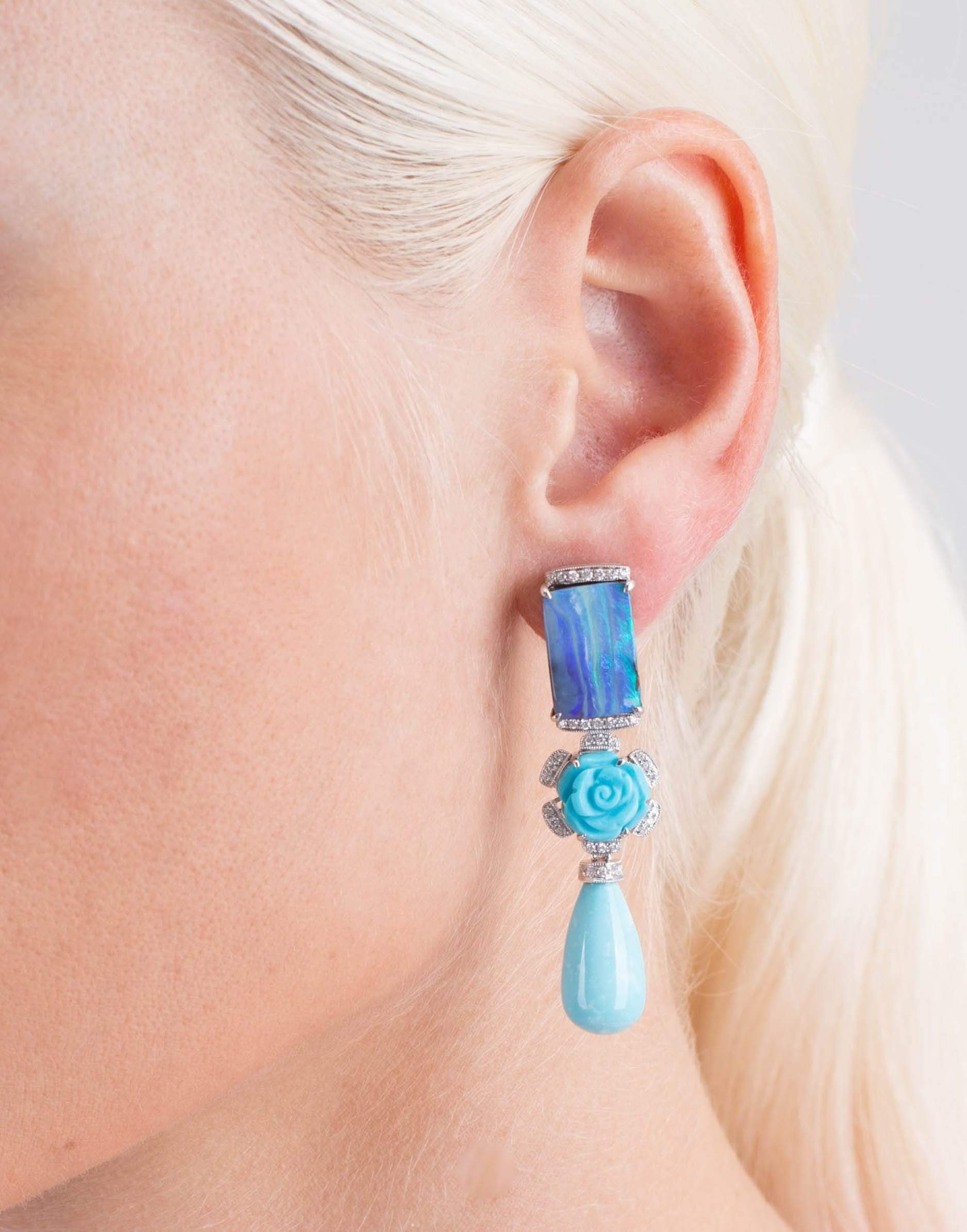 DANA REBECCA DESIGNS-Turquoise Flower Earrings-WHITE GOLD