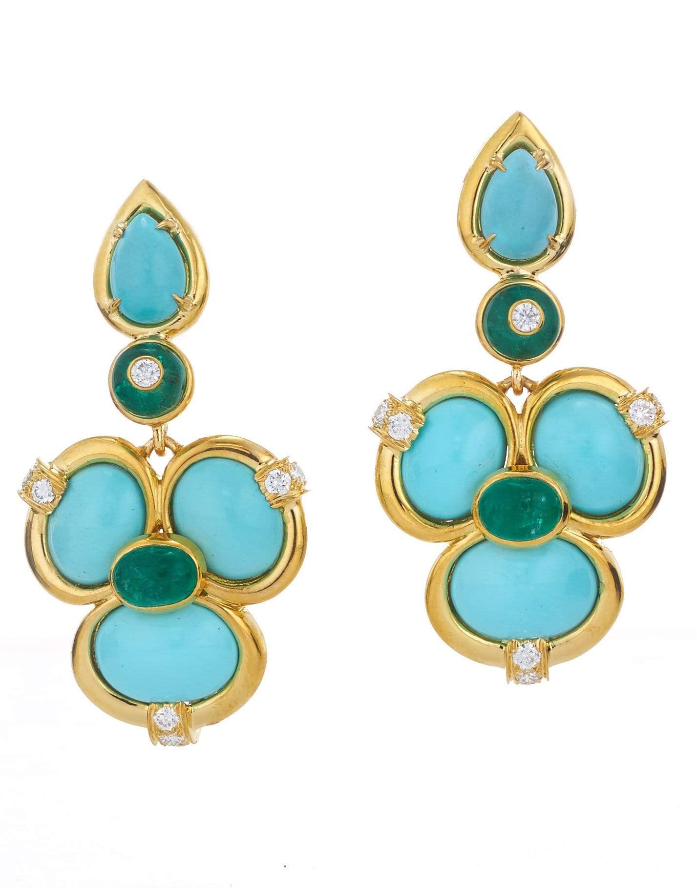 DAVID WEBB-Turquoise and Emerald Shangri-La Earrings-YELLOW GOLD