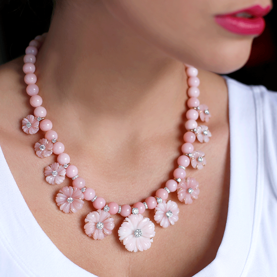 IRENE NEUWIRTH JEWELRY-Carved Pink Opal Flower Necklace-ROSE GOLD