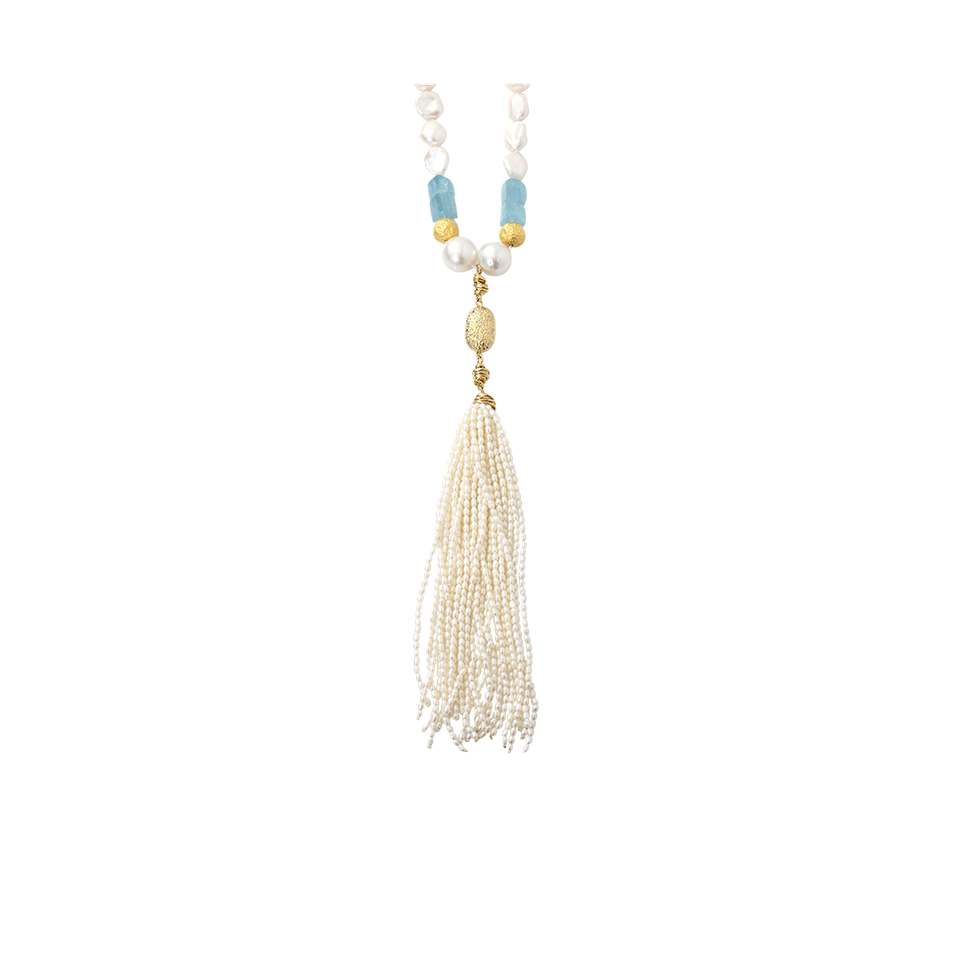 JORDAN ALEXANDER-Pearl And Aquamarine Tassel Necklace-YELLOW GOLD