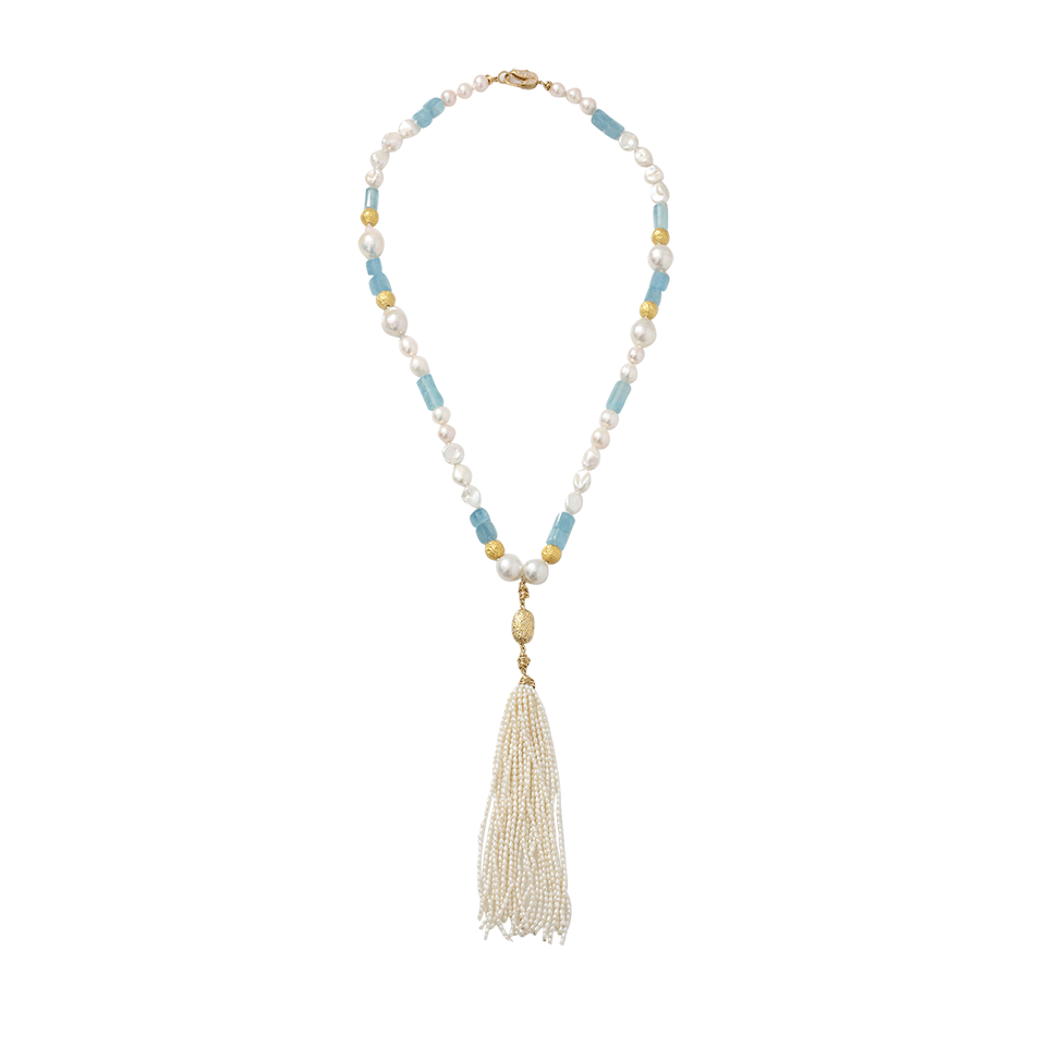 JORDAN ALEXANDER-Pearl And Aquamarine Tassel Necklace-YELLOW GOLD