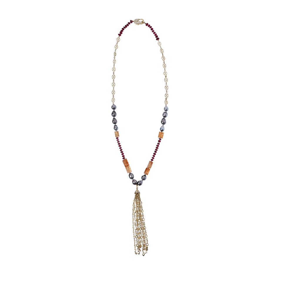 JORDAN ALEXANDER-Ruby And Pearl Tassel Necklace-YELLOW GOLD