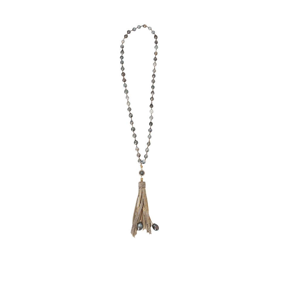 JORDAN ALEXANDER-Tahitian Pearl And Snakeskin Tassel Necklace-YELLOW GOLD