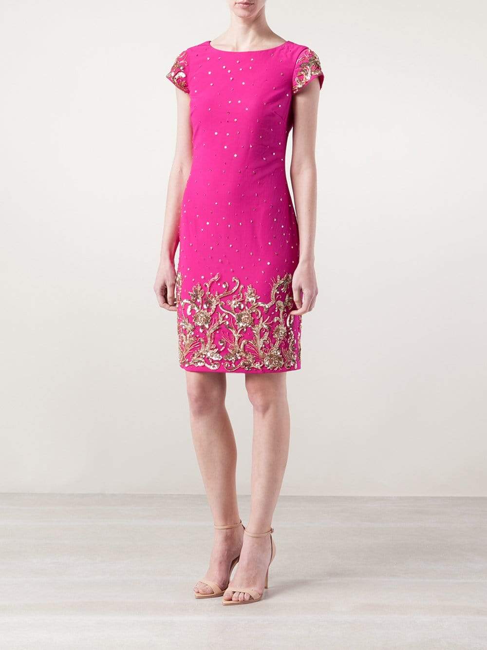 MARCHESA NOTTE-Beaded Shift Cocktail Dress-PINK