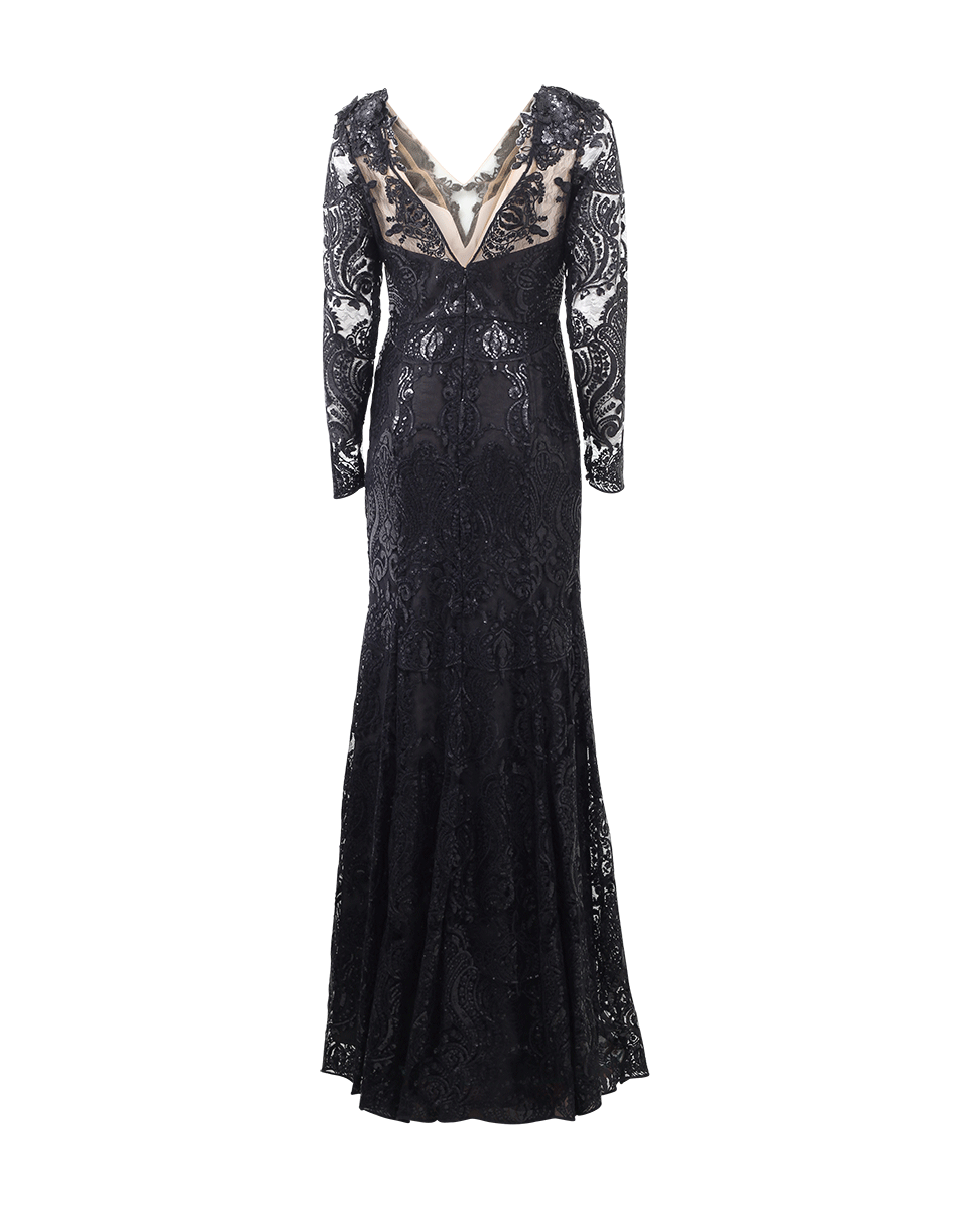 MARCHESA NOTTE-V-Neck Lace Overlay Embroidered Gown-