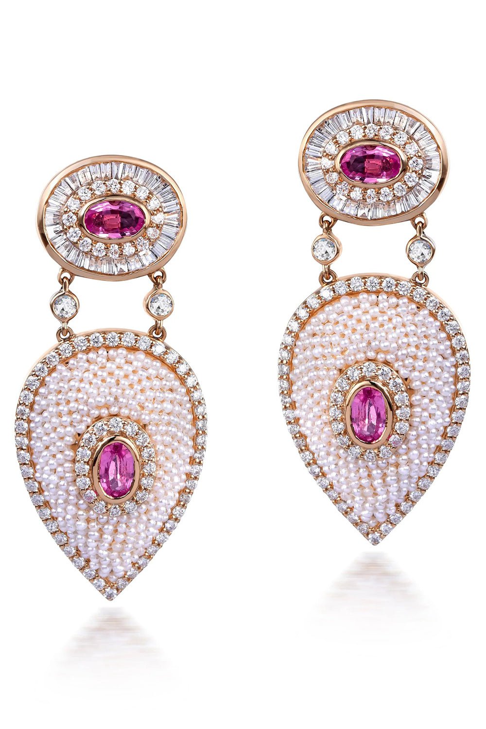 MOKSH-Bombay Keshi Pearl and Pink Sapphire Earrings-YELLOW GOLD