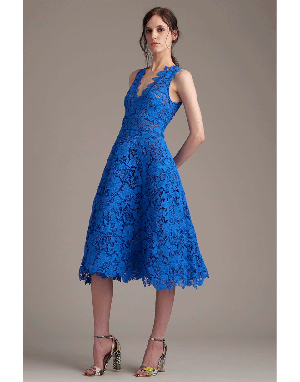 MONIQUE LHUILLIER-Lace Tea Length Dress-COBALT