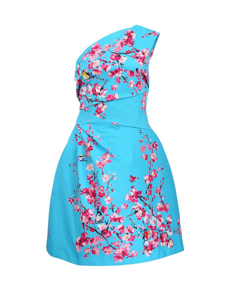 MONIQUE LHUILLIER-One Shoulder Floral Dress-AQUAMARI