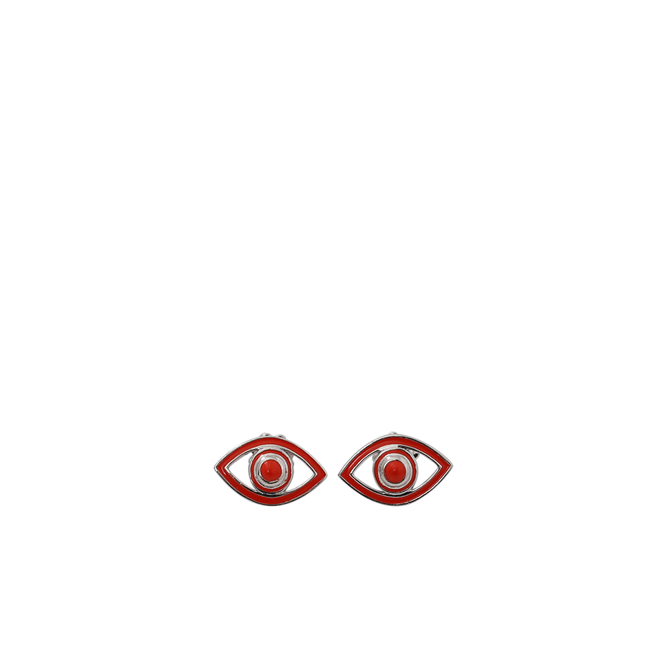 NETALI NISSIM-Fortuna Mini Eye Coral Red Earrings-SILVER