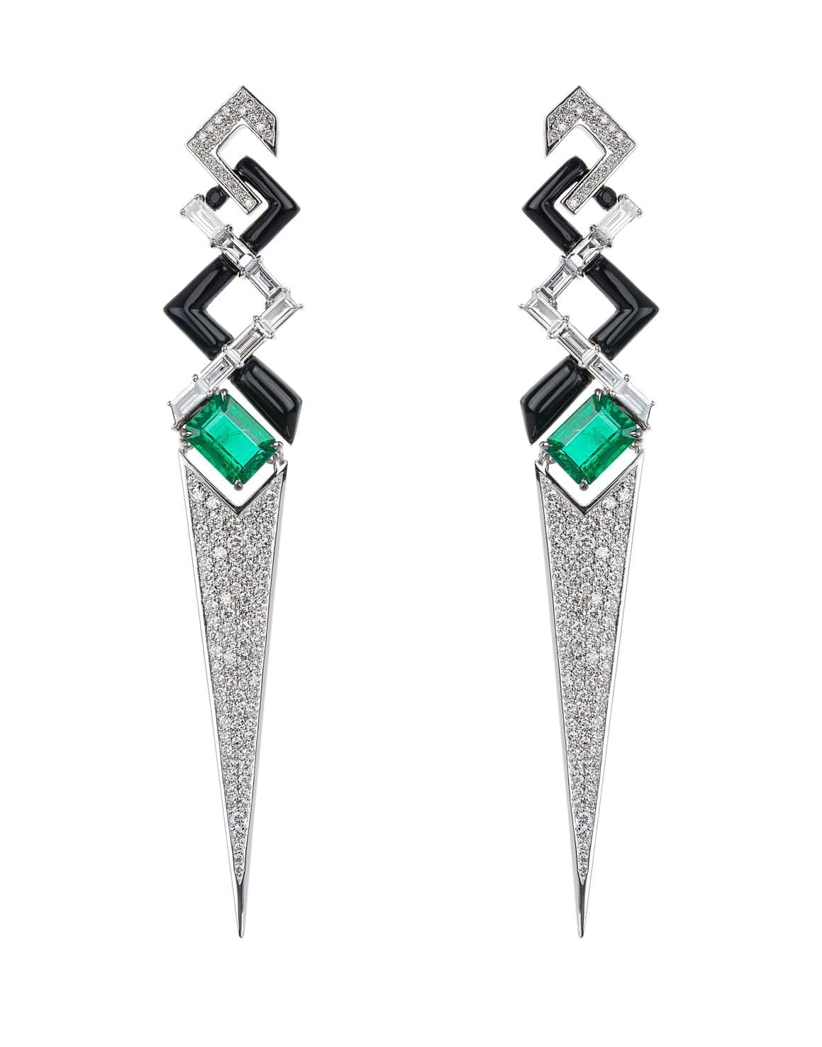 V Emerald Diamond and Black Enamel Earrings JEWELRYFINE JEWELEARRING NIKOS KOULIS   