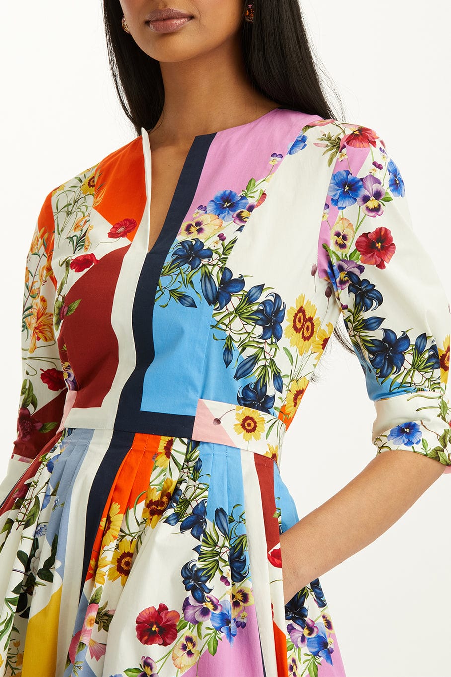 OSCAR DE LA RENTA-Three Quarter Sleeve Mini Geo Floral Dress-