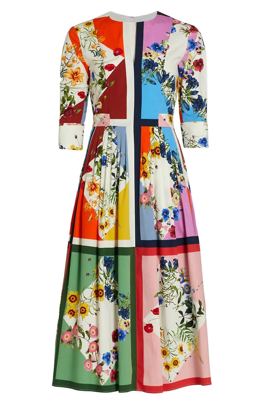 OSCAR DE LA RENTA-Three Quarter Sleeve Mini Geo Floral Dress-