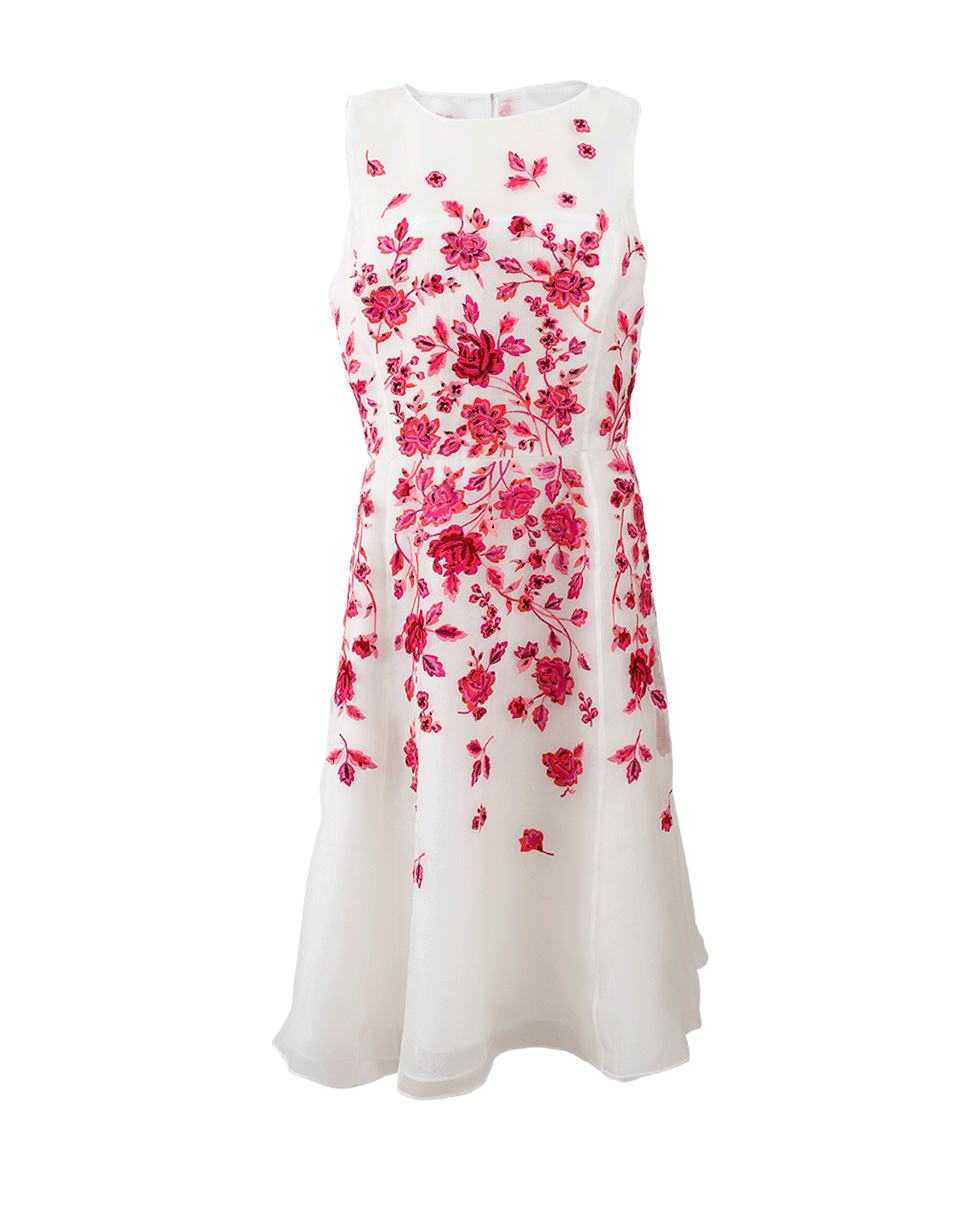 OSCAR DE LA RENTA-Floral Embroidered Organza Dress-WHT/FUCH