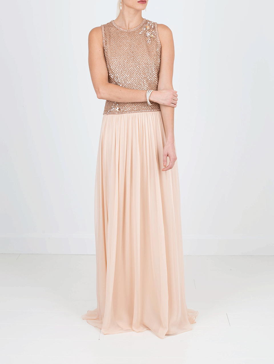 PAMELLA ROLAND-Chiffon Crystal Embroidered Gown-ROSE GOLD