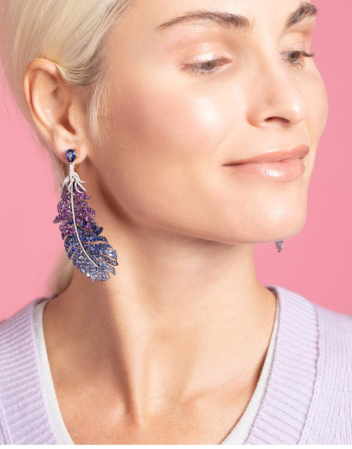 PIRANESI-Sapphire and Amethyst Feather Earrings-WHITE GOLD