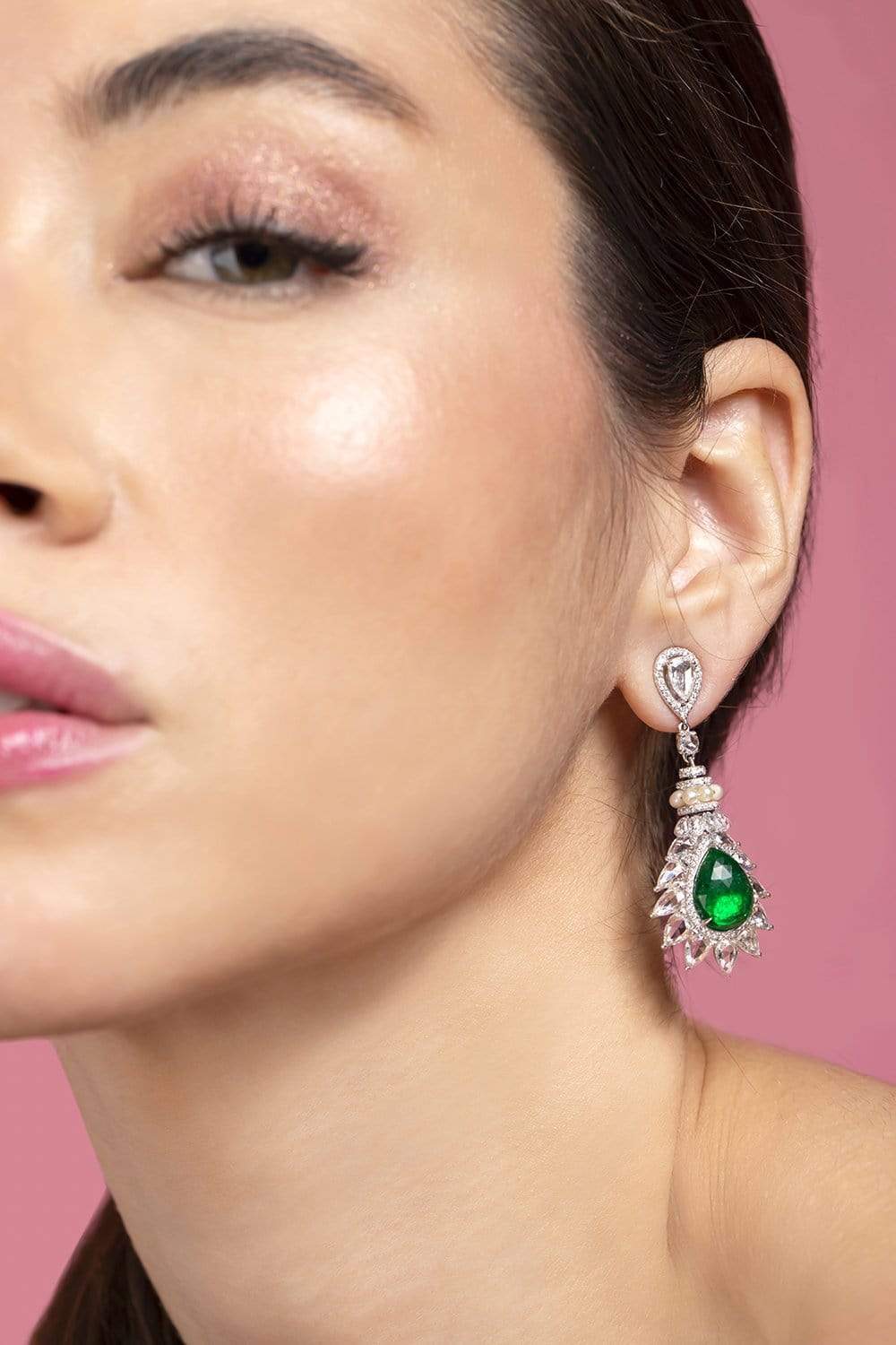 SABOO FINE JEWELS-Royalle Emerald and Diamond Ray Earrings-WHITE GOLD