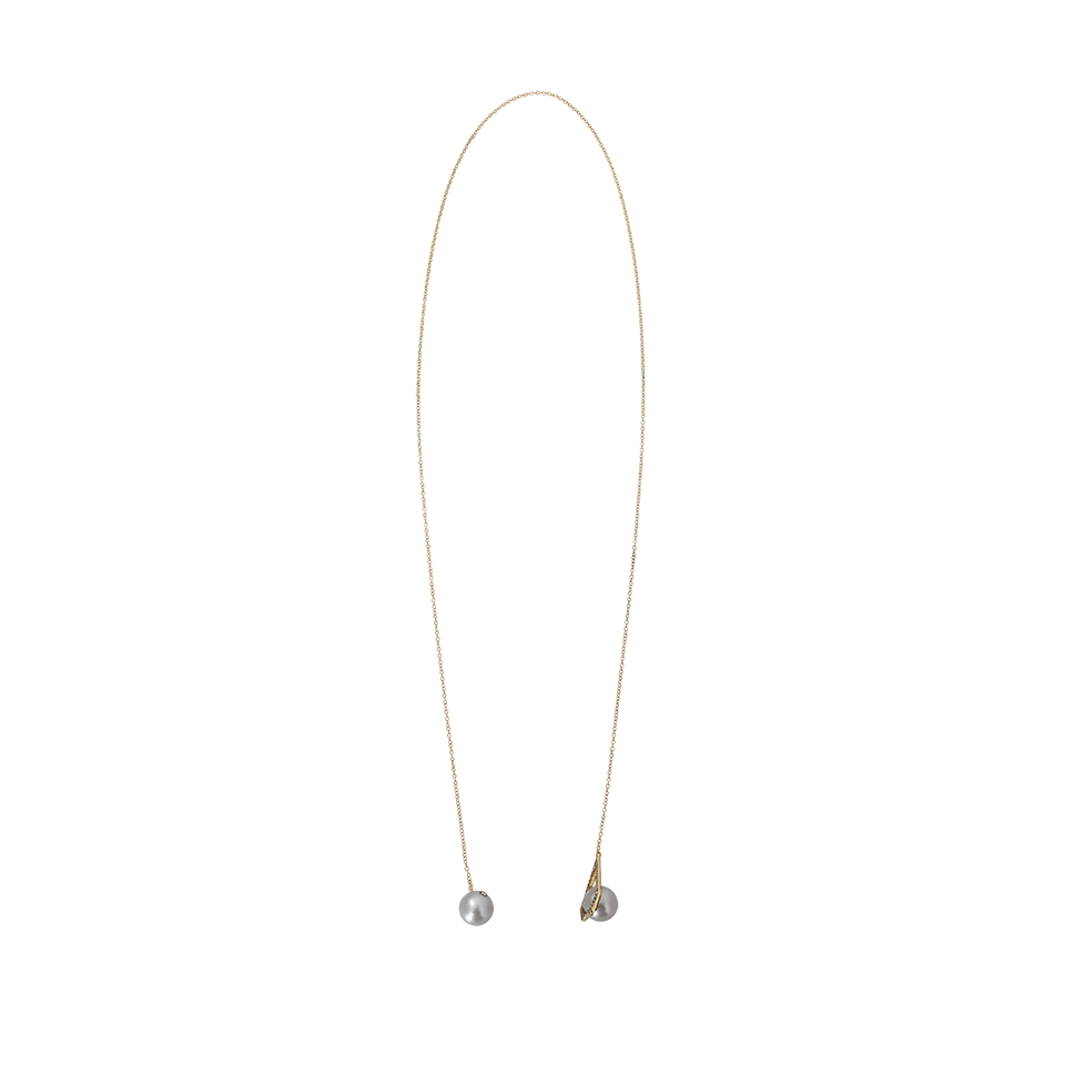 SHAY JEWELRY-Double Drop Pearl And Diamond Cage Lariat Necklace-YELLOW GOLD