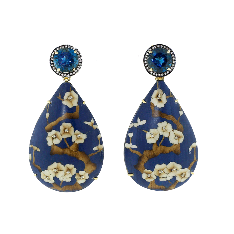 SILVIA FURMANOVICH-Marquetry Blue Floral And Diamond Earrings-YELLOW GOLD