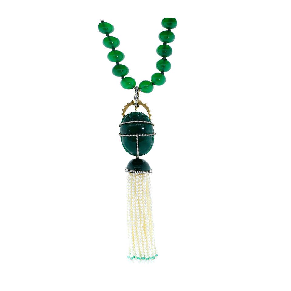 SILVIA FURMANOVICH-Dumortierite Scarab Pearl Tassel Necklace-YELLOW GOLD