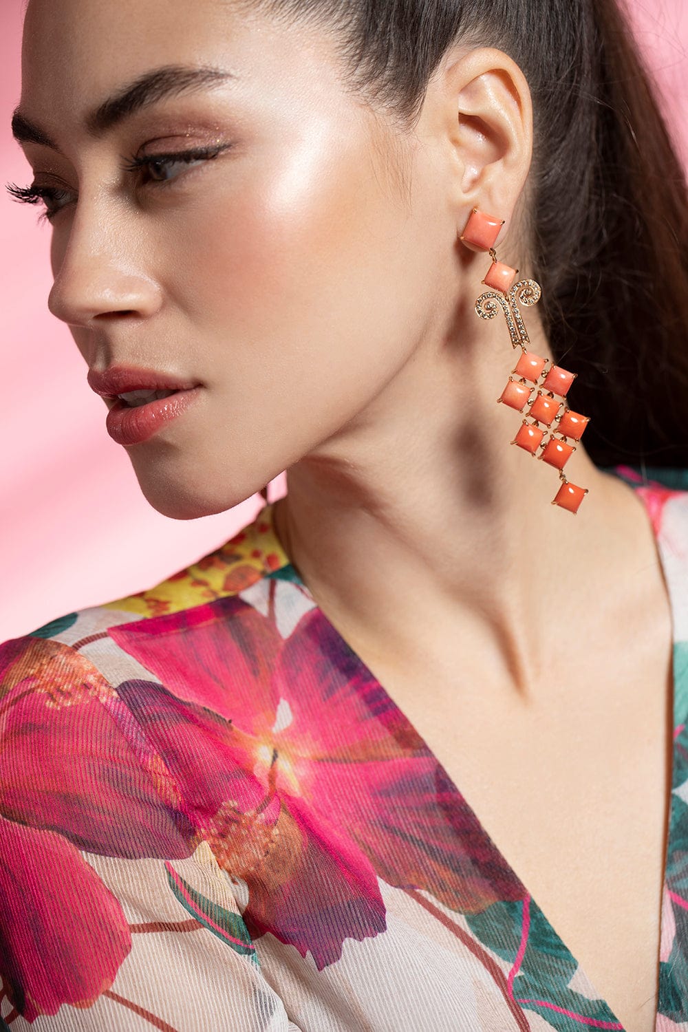 WENDY YUE-Coral Chandelier Earrings-ROSE GOLD